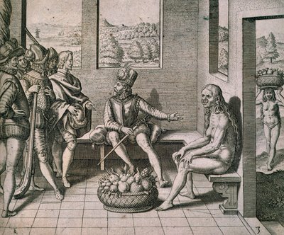 Theodore de Bry: espanjalaiset valloittajat tapaavat syntyperäisiä naisia Amerikassa tekijältä Theodore de Bry
