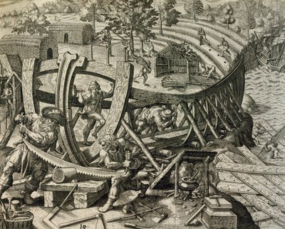 Espanjalaiset merimiehet rakentavat karavelleja, kaiverrus Historia Americaesta, kirjoittanut Theodor de Bry (1528-1598) tekijältä Theodore de Bry