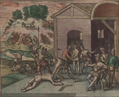 Espanjalaiset sotilaat tarkkailevat ja panevat täytäntöön orjan rangaistuksen, 1595. tekijältä Theodore de Bry