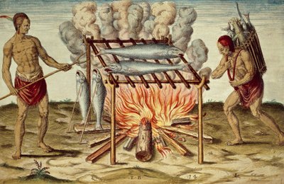 Tainolaiset paistamassa kalaa, värikaiverrus Theodor de Bry (1528-1598) John Whiten maalauksesta, Lyhyt ja tosi raportti Virginian uudesta maasta tekijältä Theodore de Bry