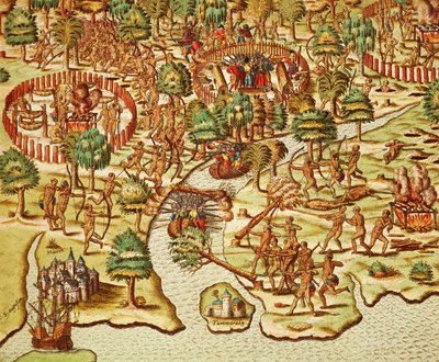 Piirityksen ja hyökkäyksen tekniikat, kaiverrus Theodor de Bry (1528-1598), kotoisin Americae tertia pars tekijältä Theodore de Bry