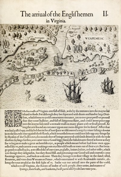"Englantilaisten saapuminen Virginiaan", Thomas Harriotin "A Briefe and True Report of the New Found Land of Virginia" (kaiverrus) tekijältä Theodore de Bry