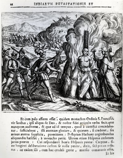 Hatueyn polttaminen espanjalaisten toimesta Yarassa, Kuubassa, 2. helmikuuta 1512, 1664 tekijältä Theodore de Bry