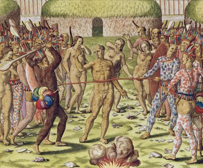 Topinambous-intiaanien vihollisen teloitus, 1562 tekijältä Theodore de Bry
