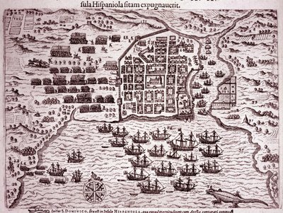 Francis Draken laivasto miehittää Santo Domingon saaren (kaiverrus tekijältä Theodore de Bry