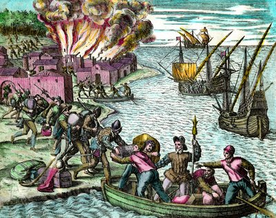 Ranskalaiset ryöstävät ja polttavat kaupungin Chioreranin kaiverrus Theodore de Bryn (1528-1598) 1500-luvun yksityiskokoelmasta "Amerikan historiasta" tekijältä Theodore de Bry