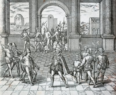 Inkakuningas Atahualpa joutui espanjalaisten vangiksi Cajamarcassa, Theodore de Bryn kuvitus Amerikan historiasta tekijältä Theodore de Bry