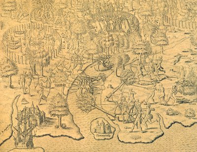 Portugalilaiset tunkeutuvat sisämaata kohti ja paikallinen heimo hyökkää heidän kimppuunsa tekijältä Theodore de Bry