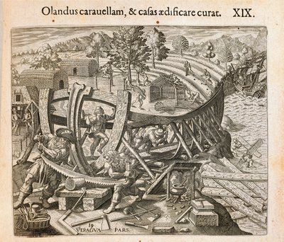 Espanjalaiset rakentavat ensimmäistä laivaansa uudessa maailmassa, kaiverrus Theodor de Bry (1528-1598) Amerikasta tekijältä Theodore de Bry