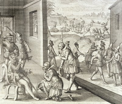 Espanjalaiset valloittavat Fort Carolinen vuonna 1565, Johann Ludwig Gottfriedin teoksesta 