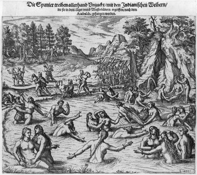 Espanjalaiset pahoinpitelivät intialaisia naisia kuningas Atahualpan (n. 1502-33) vangitsemisen jälkeen vuonna 1532 tekijältä Theodore de Bry