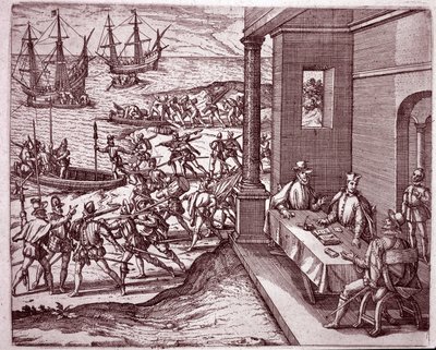 Espanjalaiset valloittajat Francisco Pizarro, Diego de Almagro ja Hernando de Luque yhdistivät voimansa valloittaakseen Perun (kaiverrus tekijältä Theodore de Bry