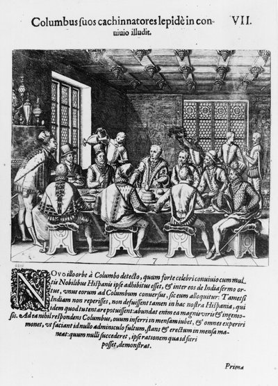 Christopher Columbuksen (1450-1506) munan tarina 1585-88 (kaiverrus) (bw kuva) tekijältä Theodore de Bry