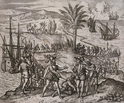 Christopher ja Bartholomew Columbuksen pidätys Francisco de Bobadillan määräyksestä tekijältä Theodore de Bry