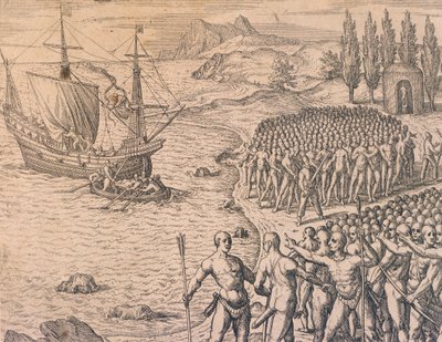 Portugalilaisten saapuminen Peruun tekijältä Theodore de Bry