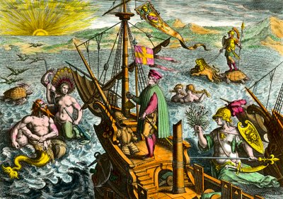 Italialaisen navigaattorin Amerigo Vespuccin (1454 - 1512) vene tekijältä Theodore de Bry