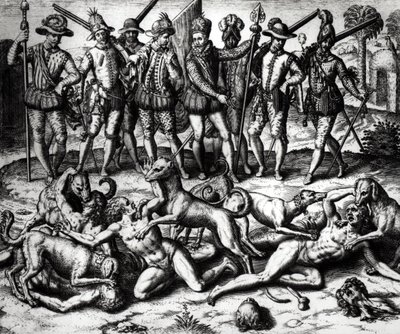 Vasco Nunez de Balboan (1475-1571) koirat hyökkäävät intiaanien kimppuun tekijältä Theodore de Bry