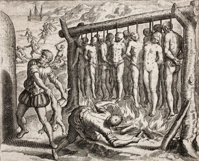Kolmetoista hirtettyä ja poltettua uhria, kuvaus rikoksista, joita espanjalaiset siirtokunnat tekivät intiaaneille kirjoittanut Bartolome de las Casas (kaiverrus) tekijältä Theodore de Bry