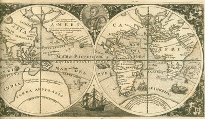 Americae Pars VIII:n nimisivu, jossa muotokuva Francis Drakesta ja hänen aluksestaan Golden Hind, 1 tekijältä Theodore de Bry