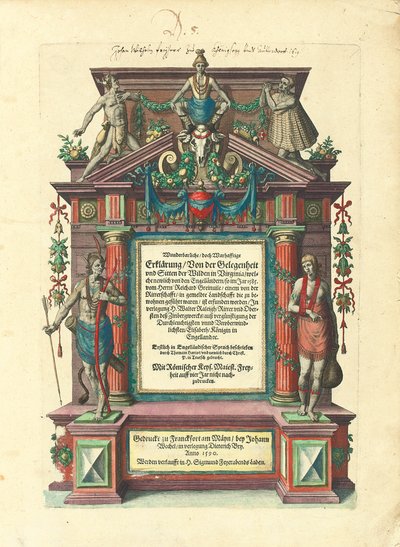 "Great Voyages: America", 1590, ensimmäisen osan saksankielisen ensimmäisen painoksen nimisivu tekijältä Theodore de Bry