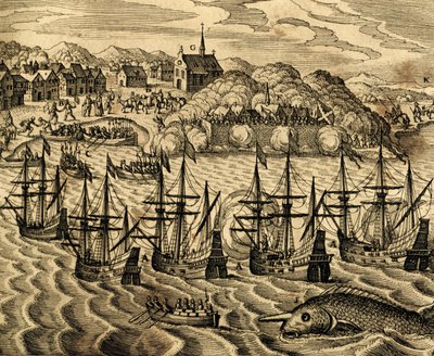 Näkymä Acapulcon satamasta Meksikossa, kaiverrus Historia Americaesta, kirjoittanut Theodor de Bry (1528-1598), Frankfurt tekijältä Theodore de Bry