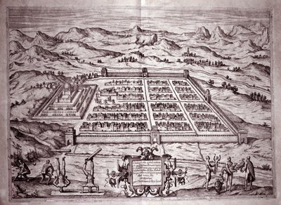 Näkymä Cuzcon inkakaupunkiin, Peru (kaiverrus tekijältä Theodore de Bry