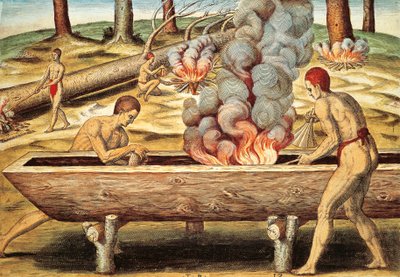 Virginian asukkaat rakentavat pirogaa tekijältä Theodore de Bry