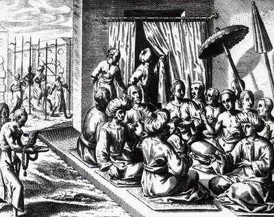 Hääseremonia Bantamissa, Jaavan saarella, Theodor de Bry (1528-1598). kaiverrus. tekijältä Theodore de Bry