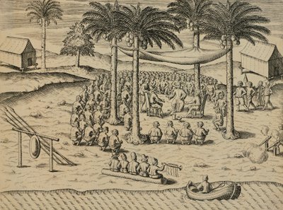 Tervetuloa Afrikan alkuperäiskansoista, kuvitus Indiane Orientalisista, Antonio Pigafetta, kirjoittanut Theodore de Bry tekijältä Theodore de Bry