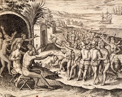 Tervetuloa hollantilainen, kaiverrus teoksesta India orientalis, kirjoittanut Theodor de Bry (1528-1598), Indonesia tekijältä Theodore de Bry