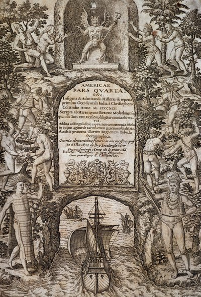 Länsi-Intia tai Amerikka, kirjoittanut Theodor de Bry (1528-1598), etukappale, kaiverrus tekijältä Theodore de Bry