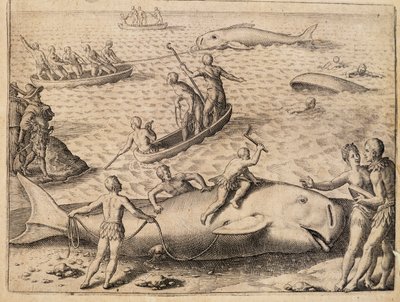 Valaanpyynti lähellä Huippuvuoria, kaiverrus Theodor de Bry (1528-1598) Intiasta Orientalis (Itä-Intia) tekijältä Theodore de Bry