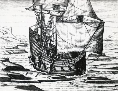 William Barentsin (n. 1550-1597) laiva kolmannella hollantilaisen Koillisväylän etsintämatkalla, Theodor de Bry (1528-1598), kaiverrus tekijältä Theodore de Bry