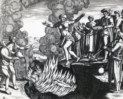 Theodor de Bry (1528-1598) Nainen heittäytyy miehensä pirteään, kaiverrus tekijältä Theodore de Bry