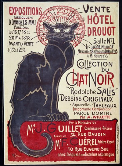 Mainosjuliste, joka ilmoitti Cat Noir -kokoelman ja Rodolphe Salisin teosten myynnistä Hotel Drouotissa vuonna 1898, kuvitus: Theophile Alexandre Steinlen (1859-1923) tekijältä Théophile Alexandre Steinlen