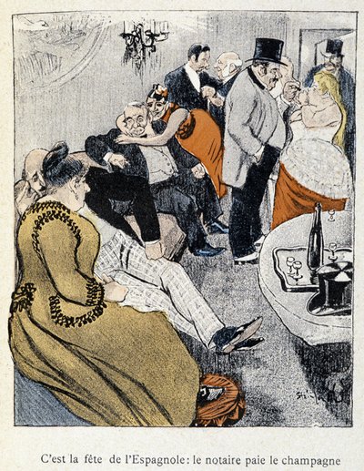 Filles et Marlous: Se on espanjalaisten juhla: notaari maksaa samppanjan – kirjassa "Dans la vie", kirjoittanut Steinlen 1901 (sama piirustus kuin nro 27695) tekijältä Théophile Alexandre Steinlen