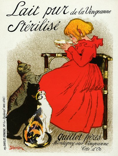Ruoka ja juoma. Vingeanne maitoa. Pieni tyttö kissojen kanssa. Steinlenin juliste, Ranska, n. 1890 (juliste) tekijältä Théophile Alexandre Steinlen