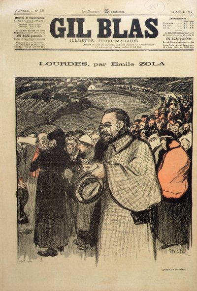 Gil Blasin etukansi, joka sisältää ensimmäisen osan Emile Zolan (1840-1902) 1894 (värilitho) teoksen "Lourdes" tekijältä Théophile Alexandre Steinlen