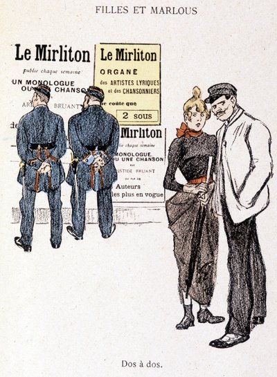 Tyttö ja Marlou: parittaja ja prostituoitu kahden poliisin takana. Steinlenin teoksessa "Elämässä". tekijältä Théophile Alexandre Steinlen