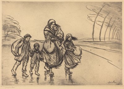 Sateessa: äiti ja lapset tekijältä Théophile Alexandre Steinlen