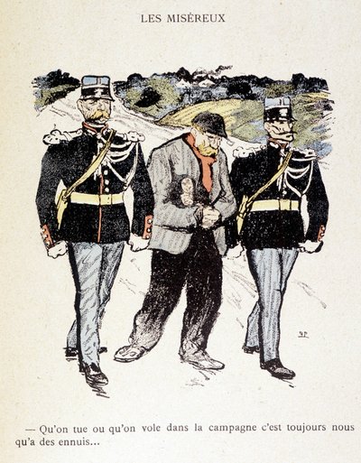 Les Miséreux: Tappamme tai varastamme maaseudulla, olemme aina pulassa... (Kahden santarmin ympäröimä kulkuri) - Steinlenin teoksessa "Elämässä" 1901 tekijältä Théophile Alexandre Steinlen