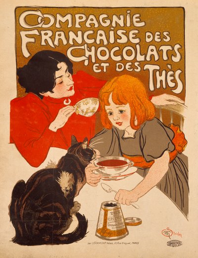 Theophile Alexandre Steinlenin (1859-1923) "Compagnie francaise des Chocolats et des Thes" -julistemainos, noin 1898, Bibliotheque des Arts Decoratifs, Pariisi - Compagnie Francaise des Chocolats et des Thes -juliste (ranskalainen Compa) tekijältä Théophile Alexandre Steinlen