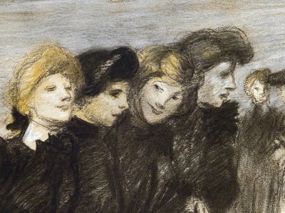 Midinettien uloskäynti (yksityiskohta) (ennen vuotta 1907). Theophile Alexandre Steinlen (1859-1923). Hiiltä ja pastellia paperille. Musee des Beaux-Arts de la Ville de Paris, PeuPalais. tekijältä Théophile Alexandre Steinlen