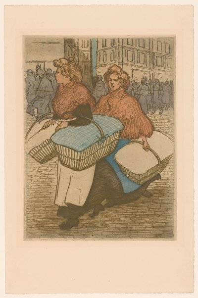 Kaksi pyykkäriä koreineen kadulla tekijältä Théophile Alexandre Steinlen