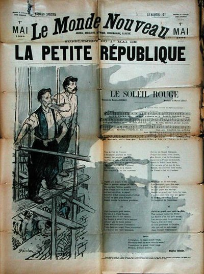 Kaksi rakennustyöläistä laulamassa Le Soleil Rougea, La Petite Republiquen etukansi tekijältä Théophile Alexandre Steinlen