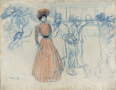 Nainen bussipysäkillä tekijältä Théophile Alexandre Steinlen