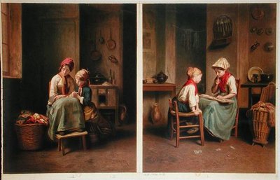 Oppitunti ja korttipeli, painettu vuonna 1858 (värilitho) tekijältä Theophile Emmanuel (after) Duverger