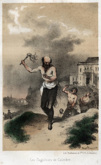 Coimbren flagellantit: Portugalin Coimbran jesuiitat tekevät katumuksen synneistään julkisesti ruoskimalla vuoden 1560 tienoilla. Kaiverrus vuodelta 1845 kirjaan "" Jesuiiittien dramaattinen ja maalauksellinen historia ritarikunnan perustamisesta nykypäivä tekijältä Theophile Evariste Fragonard