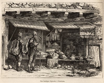 Ruokakauppa Erzeroumissa (Armeniassa), kaiverrettu kirjailijan piirustuksen jälkeen, joka havainnollistaa matkaa Lazistanissa ja Armeniassa, Theophile Deyrolles, vuonna 1869, julkaistu "" Le tour du monde""" 1875, toimittanut Edouard Charton, Hachette-pain tekijältä Theophile Louis Deyrolle