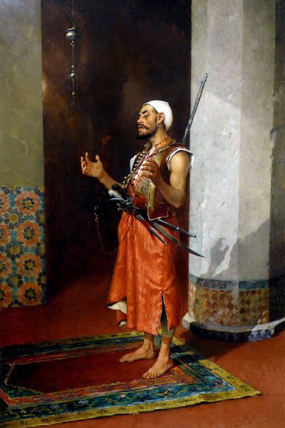 Turkkilainen vartija rukoilee, 1800-luvun loppu - 1900-luvun alku (öljy kankaalle) tekijältä Theophile Marie Francois Lybaert